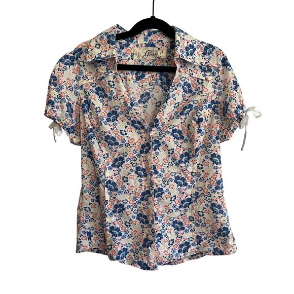 Y2K Guess Floral Button Up Cotton Blouse V Neck Collar Coquette Puff Sleeve | M - Picture 1 of 5